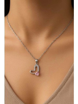 Glimz Jewelry Pembe Taşlı Kalpli Çelik Kolye
