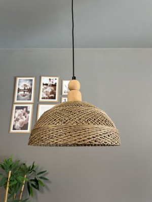 PremiumPort Bohem Sütlü Kahve Recycle Jüt Hasır Sarkıt Avize E27 Kalın Ahşap Boncuk