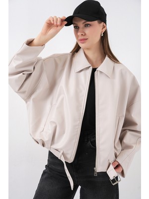 Bigdart Kadın Kemer Detaylı Deri Ceket 1056 - Ekru