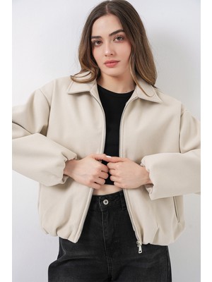 Bigdart Kadın Büzgülü Oversize Kaşe Ceket 0728 - Ekru