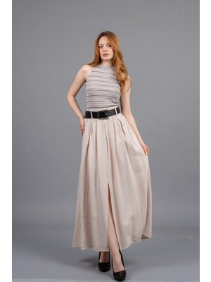 MissVina Kemerli Beli Lastikli Maxi Uzun Etek 6856