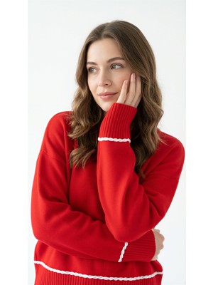 Wearified Kadın Triko Yumuşacık Oversize Bisiklet Yaka Ribana Saç Örgü Detaylı Homy Kazak