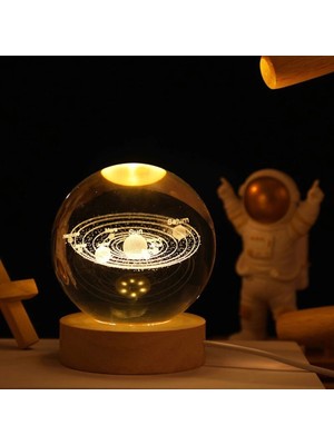 PremiumPort Gezegenler Temalı Ahşap Altlıklı Işıklı Cam Küre, Dekoratif ve Şık Tasarım