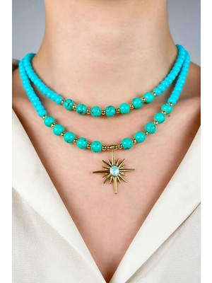 Sose Moda Kuzey Yıldızı Uçlu Iki Sıra Inci Kolye - Turkuaz