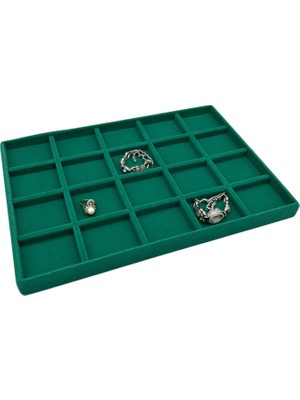 Megass Dekor Üsküp Model Süet Kumaş Yeşil Renkli 34/24 cm 20 Bölmeli Takı Sergileme Tablası