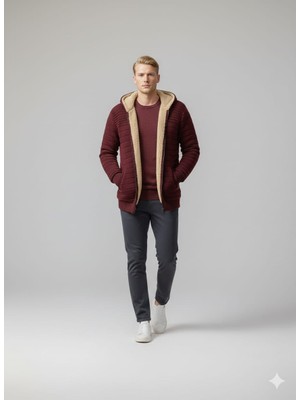 Kmk Kombin Erkek Premium Seri Içi Kürklü Kapüşonlu Sıcak Tutan Örme Hırka