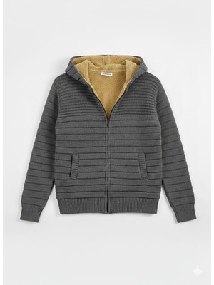 Kmk Kombin Erkek Premium Seri Içi Kürklü Kapüşonlu Sıcak Tutan Örme Hırka