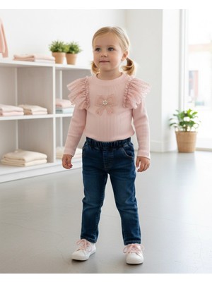 Kız Çocuk Omuzları Tül Detaylı ve Inci Nakışlı Fiyonklu Fitilli Penye Bluz