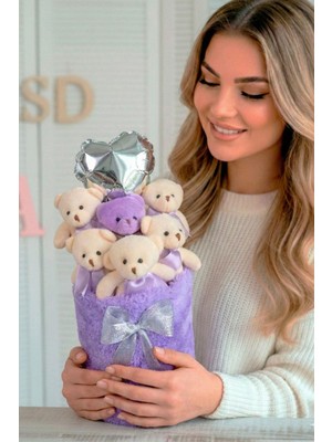 Sole Sevgililer Gününe Özel: Deluxe Lila Peluş Silindir Kutuda, Kalpli Balonlu 6’lı Lila Ayıcık Buketi - Sevdiğine Hediye