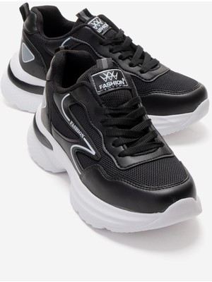 Ccway Yan Desenli Anorak Kadın Spor Ayakkabı Siyah Beyaz