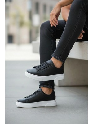 Faymaz Erkek Siyah Beyaz Kalın Tabanlı Garantili Bağcıklı Günlük Spor Ayakkabı