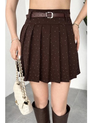 Asfa Moda Kadın Kahverengi Taşlı Pırıltı Iç Astar Şortlu Kemerli Pileli Etek