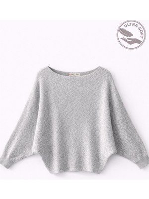 Mixray 7015 Kadın Yün Karışımlı Yarasa Kol Yumuşak Doku Triko Kazak Gri