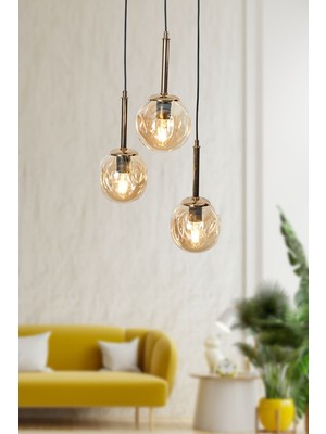 Teknotrust Şık Gold-Siyah Metal ve Bal Rengi Camlı Üçlü Sarkıt Avize