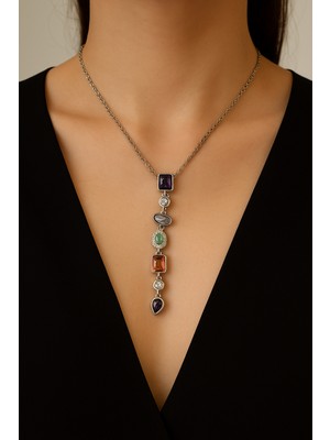 Glimz Jewelry Renkli Taşlı Şans Y Çelik Kolye