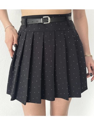 Asfa Moda Kadın Siyah Taşlı Pırıltı Iç Astar Şortlu Kemerli Pileli Etek