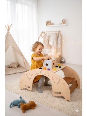 Kids Town 2'si 1 Arada Montessori Ahşap Tahterevalli ve Masa Sandalye Seti-Güvenli ve Eğitici Mobilya Playwood