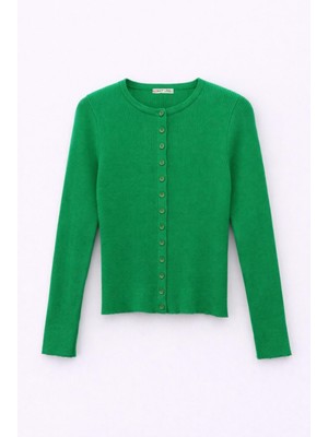 Mixray 6931 Kadın Düğmeli Fitilli Triko Hırka Yeşil