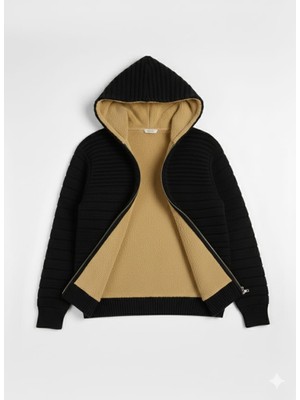 Kmk Kombin Erkek Premium Seri Içi Kürklü Kapüşonlu Sıcak Tutan Örme Hırka