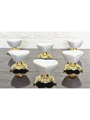 Atabey Home Döküm 3 Ayaklı Kalp Tipi Porselen Lokumluk & Sosluk 6'lı Gerçek Altın Yaldızlı