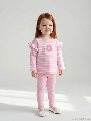 LC Waikiki Ekru Çiçek Nakışlı Kız Bebek Bluz ve Tayt  (S6)