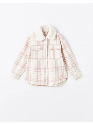 LC Waikiki Lcw Kids Ekru Kürk Yaka Ekose Kız Çocuk Gömlek Ceket