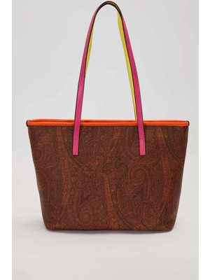 Lêvi D'or Etnik Desenli Renkli Shopper Tasarım Kadın Omuz Çantası Koyu Kahve