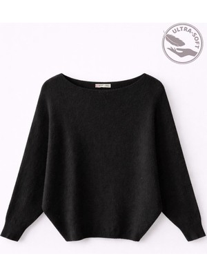 Mixray 7015 Kadın Yün Karışımlı Yarasa Kol Yumuşak Doku Triko Kazak Siyah