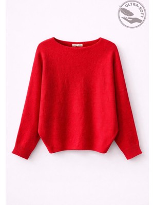 Mixray 7015 Kadın Yün Karışımlı Yarasa Kol Yumuşak Doku Triko Kazak Kırmızı