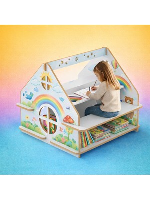 Kids Town Kidstown Montessori Ev Tipi Çocuk Çalışma Masası ve Kitaplık - 90 cm Beyaz Aktivite Masası