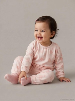 LC Waikiki Pembe Bisiklet Yaka Çiçekli Kız Bebek Pijama Takımı  (S6)