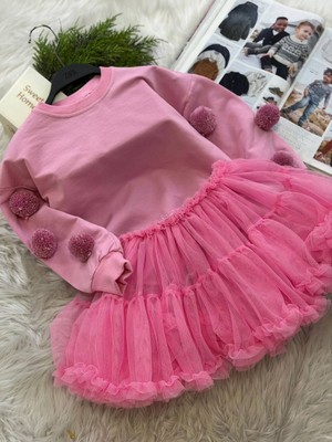 Kr Kids Butik Kız Çocuk Pembe Ponpon Detaylı Uzun Kollu Üst ve Tül Etek Takımı
