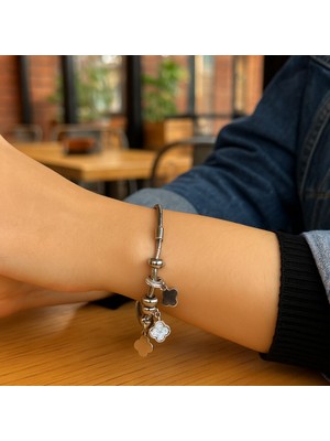 Glimz Jewelry Charm Dört Yapraklı Yonca Çelik Bileklik