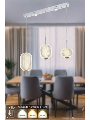PremiumPort Modern 3'lü LED Kumandalı Yemek Masası Avizesi, Sarı-Beyaz-Gün Işığı