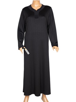 Hermevsim Hesna Kadın Sülün Büyük Beden Devore Baskılı Kuplu Siyah Elbise