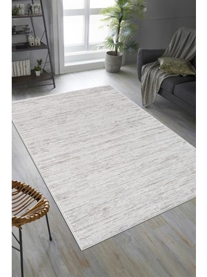 Saklı Home Modern Tozumaz Çizgili Halı Modern Salon Oturma Odası Yolluk Antialerjik Bej