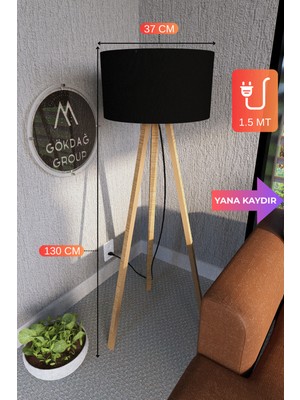 PremiumPort Şık 3 Ayaklı Mega Boy Tripod Lambader Abajur Siyah Kumaş