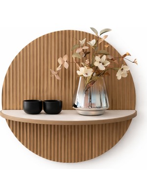 Kids Town Dekoratif Yuvarlak Duvar Rafı-Modern Ahşap Görünümlü Oluklu Panel-Salon Mutfak Antre Rafı