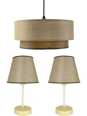 PremiumPort Şık Lina Üçlü Avize ve Abajur Seti, Kum Beji ve Ahşap Desen