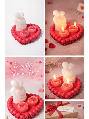 Sevgili Çift Biblo & Gül Mumlu Kalp Tepsi – Vanilya Kokulu Romantik Dekor Seti