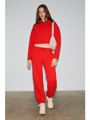 Ethiquet Ayatre Kadın Organik Pamuklu Içi Polarlı Kapüşonlu Regular Beli Lastikli Kırmızı Alt-Üst Takım