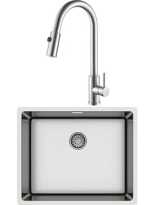 Hafele NOVARA05 Paslanmaz Çelik Eviye + Hafele Pablo Pull Paslanmaz Çelik Kuğu Spiralli Mutfak Bataryası Seti