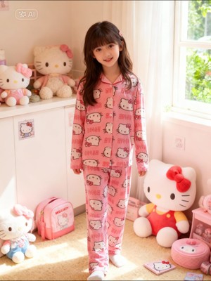 NiCe İç Giyim Hello Kitty Temalı Ince  Pembe Gömlek Kız Çocuk Pijama Takım