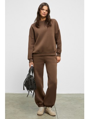 Ethiquet Carıca Kadın Organik Pamuklu Içi Polarlı Oversize Fit Bel ve Paça Lastikli Kordonlu Acı Kahve Alt-Üst Takım