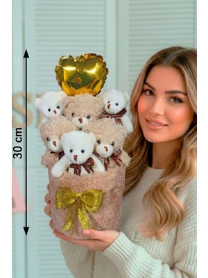 Sole Sevgililer Gününe Özel: Deluxe Krem Peluş Silindir Kutuda, Kalpli Balonlu 6’lı Boz Ayıcık Buketi - Sevdiğine Hediye