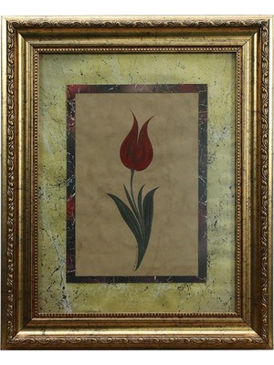 E38 El Işçiliği Kırmızı Desenli Lale Ebru Tablo 44*35 CM-6460