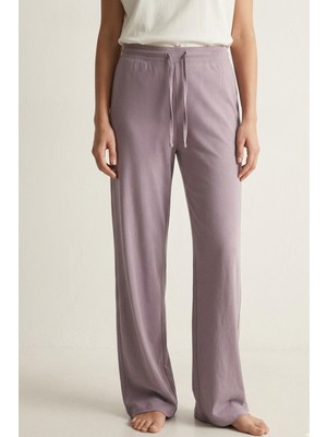 elemge %100 Pamuk Süprem Kadın Pijama Altı Rahat Kalıp Compact Penye Lila Geniş Paça Ipli Terletmez Alt