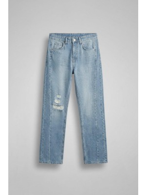 Abluka Online Erkek Baggy Fit Vintage Yıkama Dikiş Detaylı Jean Mavi