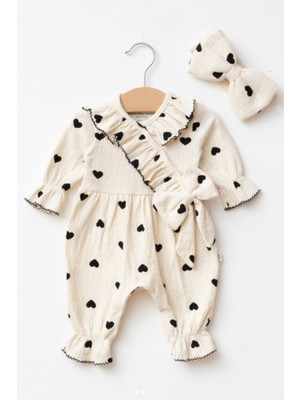 Cantoy Kız Bebek Kalp Desenli Fırfırlı Müslin Tulum Seti