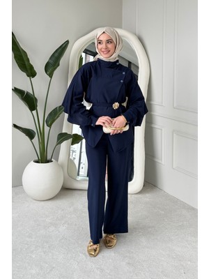 Tesettür Diyarı Janet Broşlu Cupra Tansel Kuşaklı Tesettür Takım- Lacivert